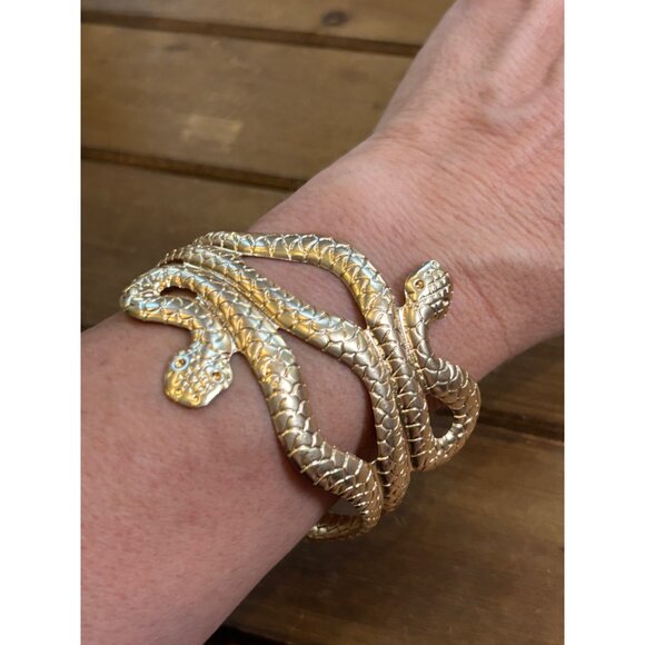 Gold Snake Cuff Bracelet Adjustable Size Textured Design - Picture 1 of 9
